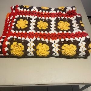 Handmade VTG 1970’s Crochet Blanket with Yellow and Red Accents